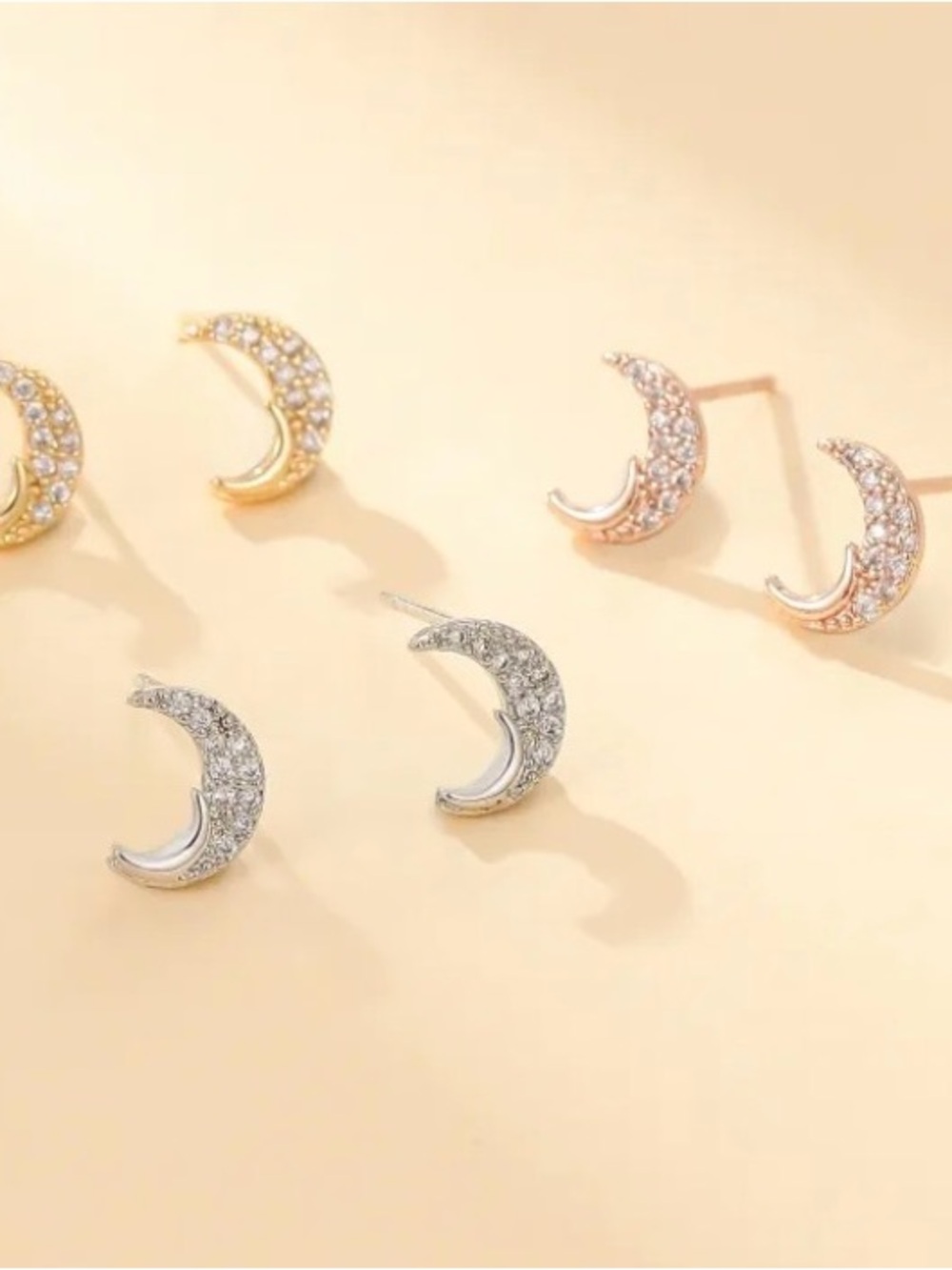 925 Sterling Silver Crescent Moon Zirconia Stud Earrings. Gold, Rose Gold,Silver